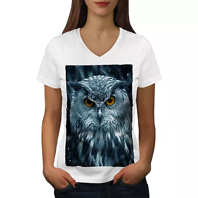 Wellcoda Wild Looking Owl Womens V-Neck T-shirt Mother Graphic Design Tee • £17.99