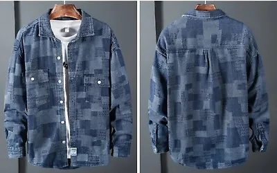 Men's Plaid Patchwork Japanese Boro Sashiko Wabash Stripe L/S Blue Denim Shirt • $55