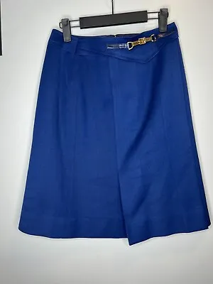 CELINE Paris Vintage Pencil Midi Wool Skirt Blue Womens Size 42 / 6 Gold Belt • $199