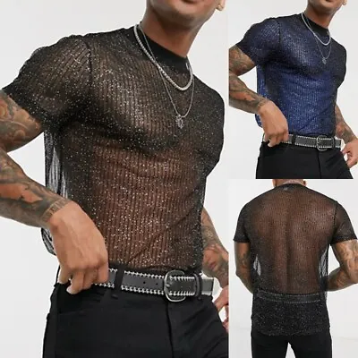 Mens Mesh See-Through T-Shirt Sexy Clubwear Short Sleeve Muscle Slim Fit Tops • £9.49