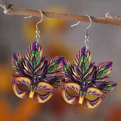 Mardi Gras Mask Design Dangle Earrings Wooden Jewelry Carnival Female Earrings • $8.95