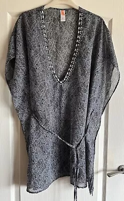 Ocean Club Beaded Black & White Sheer Oversize Beach Kaftan Cover-up Size 14-16 • £4.50