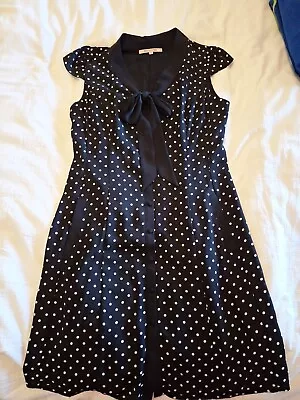 Review Womens Pia Shirt Dress Bow Cap Sleeve Polka Dot Black White Button Sz 10 • $18