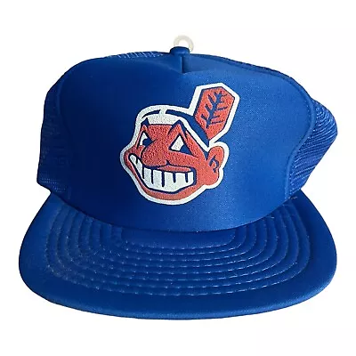 Vintage  CLEVELAND INDIANS CHIEF WAHOO Trucker Hat Blue Snapback Puff Print Hat • $19.99