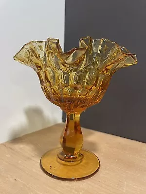 Fenton Amber Glass Candy Dish With Ruffled Edge Hobnail Compote Pedestal Vintage • $16.99