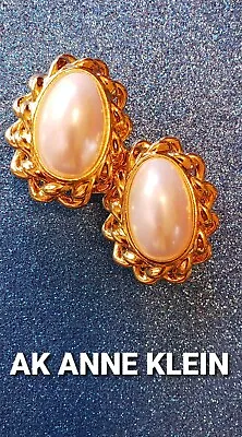 Vtg '80s Ak Anne Klein Gold Tone Faux Pearl Cab Chain Link Oval Clip-on Earrings • $15