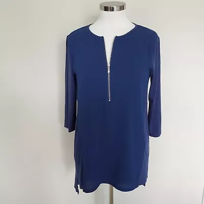 Vince Camuto Navy Blue Long Sleeve Tunic Zipper Neck Top Shirt Blouse Size Small • $8.81