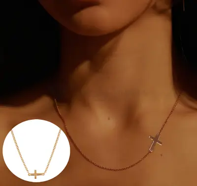 Rose Gold Polished Thin Chain Cross Pendant 18ct Gold Plated Sideway Necklace UK • £3.99