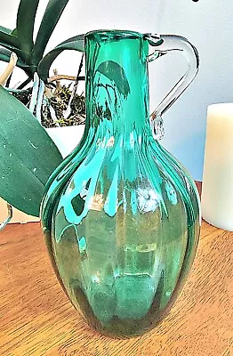 Vintage Hand Blown Glass Wine Bottle Decanter Jug Green Applied Handle 8.5  EXC • $19.90