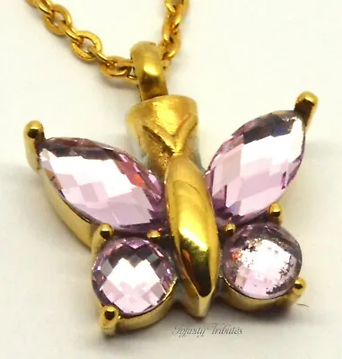 Butterfly Cremation Urn Necklace Keepsake Pendant 24k Gold Plated Purple Charm • £29.99