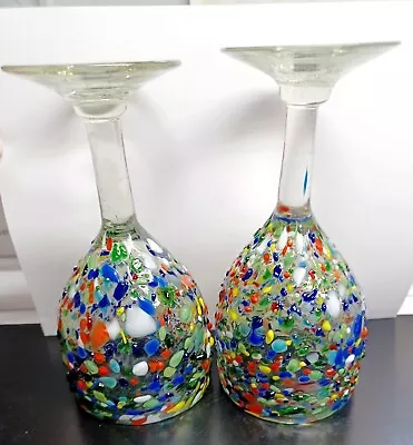 (2) Mexican Confetti Talavera Wine Glasses Hand Blown Textured Nonslip Gorgeous • $27.99