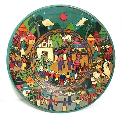 Vintage Mexican Hand Painted Folk Parade Holiday 9 1/2   Clay Plate Wall Hanging • $29.99