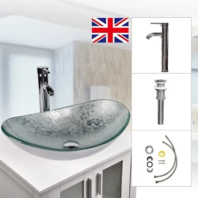 £68.90 • Buy Bathroom Basin Sink Tempered Glass Countertop Cloakroom Boat Shape Wash Bowl Set