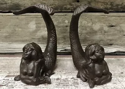 Pair Of Mermaid Cast Iron Brown-Tone 8.5” Tall Nautical Bookends • $81.18