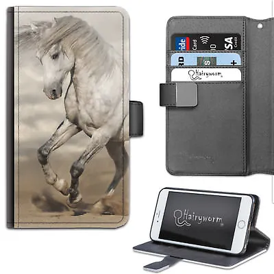 $36.43 • Buy Grey And White Horse Pony On Sand PU Leather Wallet Phone Case;Flip Case/Cover
