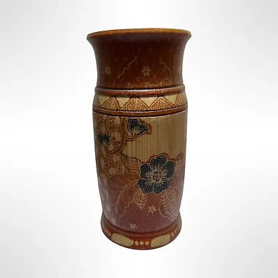 Vintage Indonesian Carved Bamboo Vase Ink Painted Butterfly & Flowers • $24.95