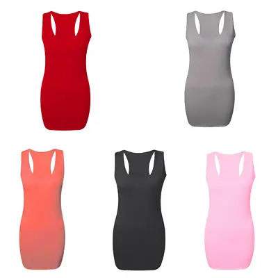 Womens Scoop Neck Sleeveless Ladies Long Stretch Plain Vest Strappy T-Shirt Top • £6.59