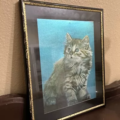 Sweet Vintage Framed Foil Kitty Cat Wall Art! • $20