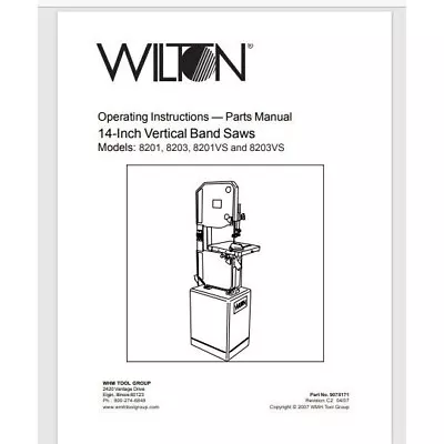 Wilton Model 8201 8203 8201VS  8203V Vertical  Band Saw Owner & Parts Manual • $15.95