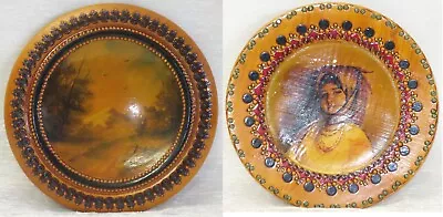 Vintage Hand Painted Wood Plates Romanian Countryside And Girl In Scarf • $5
