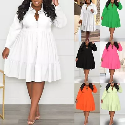 Ladies Dress Long Sleeve Knee Length Dresses Women Plain Plus Size Kaftan Baggy • $43.99