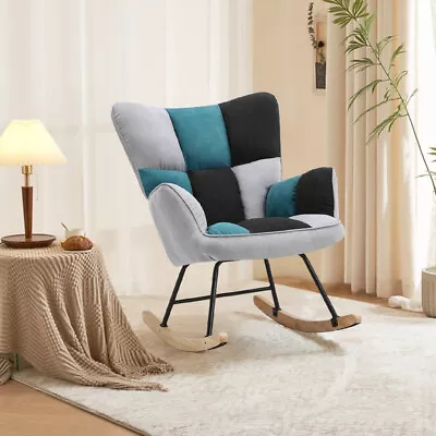 Single Patchwork Rocking Chair Leisure Rocker Armchair W/Wooden Curved Legs • £119.95