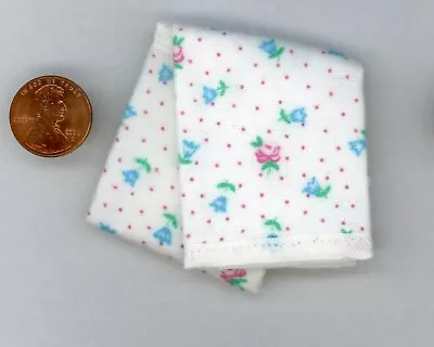 Miniature Dollhouse Blanket /White Turquoise Tulips Red Roses W/ White Trim 1:12 • $4.69