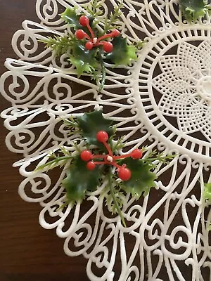 Vintage Christmas Holly Red Green Doily Plastic White MCM • $11.50