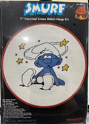 Smurf 7  Vtg New Sealed Counted Cross Stitch Hoop Kit No. 5063 WonderArt • $16.99