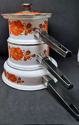 Vintage Retro Enamel Pot And Saucepan Set Orangelid And  Floral 70s • $60