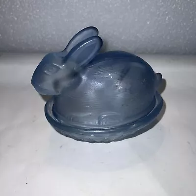 Vintage Blue Glass Nesting Rabbit Covered Glass Candy Dish Trinket Box • $3