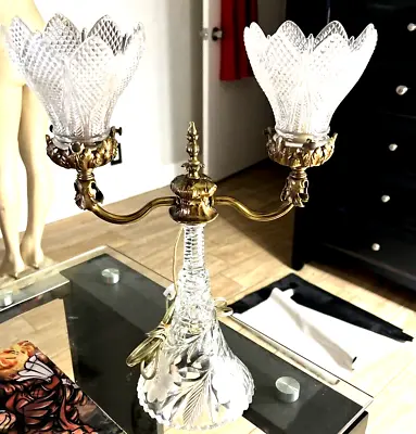 VTG  French 2 Arm Brass Crystal Candelabra Lamp ETCH FLORAL SEE ALL DETAILS Mb • $140