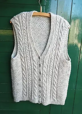 Vtg Handknit Cable Aran Wool Waistcoat Oatmeal 40  Festival Hippy Country Wear • £18.95