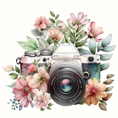 Colorful Watercolor Camera & Flowers #1 - 8x8 Craft Cotton Fabric Block • $12.95