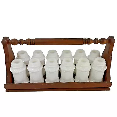 Vintage MCM Milk Glass Spice Jars Set Of 12 With Wooden Caddy READ • $39