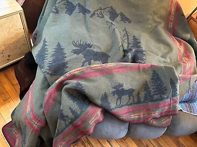 Wooded River Southwestern Mountains Moose Throw Blanket KING 104x92 Green Red • $125