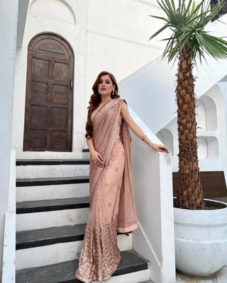 $52.99 • Buy Light Pink Sari Indian Bollywood Saree Thread Sequins Work Saree Dress Lehenga