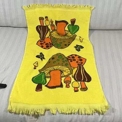 Vintage 1970s Cannon Mushroom Hand Towel Yellow Brown Orange Fringe Kitchen T1 • $24.99