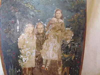 Very Creepy 1916 Decoupage & Oil Painting Family Portrait On Wood Signed Charlie • £42