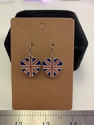 Stunning Silver Tone Union Jack Heart Dangle Drop Earrings • £5.95