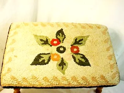 Vtg Footstool Latch Hook Rug Floral Hooked Carpet Tapestry Rectangle 18.5x12.5x8 • $54.99