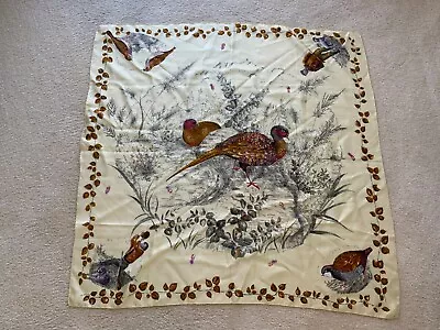 Vintage French Silk Scarf 34 X 34 Wonderful Intricate Design Pheasants Hunters  • $45