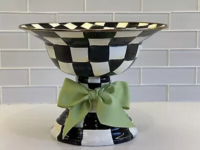 MACKENZIE CHILDS Courtly Check Enamel Compote Large Black White Checker 9” X 12” • $189.99