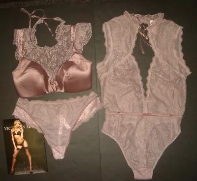 Victoria's Secret High-neck 34DD BRA SET Thong+TEDDY PINK Mauve Taupe LACE Satin • $139.99