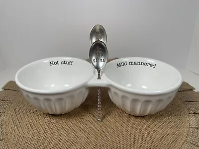 Mudpie Hot Stuff And Mild Mannered DOUBLE SALSA SERVING BOWL Spoon SET 3PC • $22.99