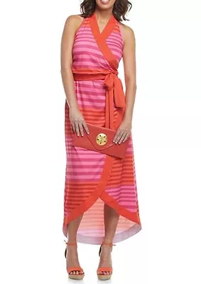 NWT $65 BAG LADY Mudpie McCay Wrap Halter Dress Flamingo Pink Striped Sz L New • $29.99