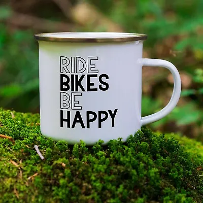 Ride Bikes Be Happy Enamel Camp Mug - Tin Cycling Mugs - Cycling Gift • £13.50