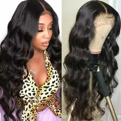 Long Brazilian Body Wave Human Hair 13x4 Lace Frontal Glueless Hair Wigs • £10.69