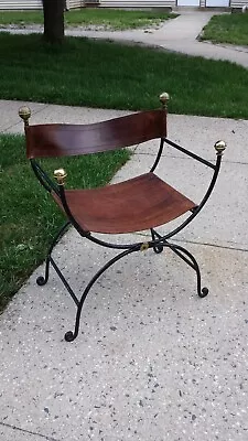 Antique 19th Century Wrought Iron & Brass Champaign Leather Chair Can Ship! • $225