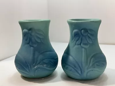 2-Van Briggle 1920 Vintage Art Pottery Blue Flower And Leaves Vase 4.25 X4  • $78.20